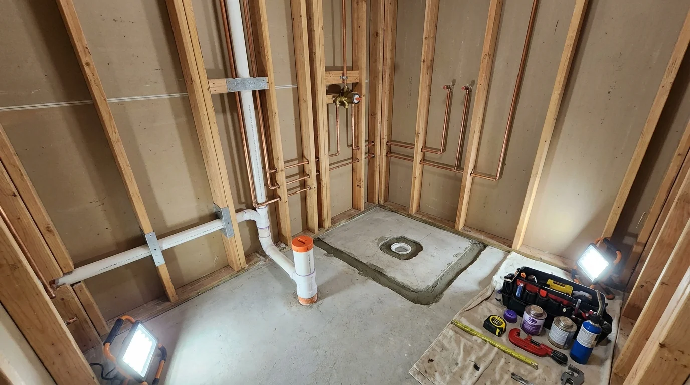 Bathroom rough-in plumbing during remodel by Johns Plumbing LLC in Riva