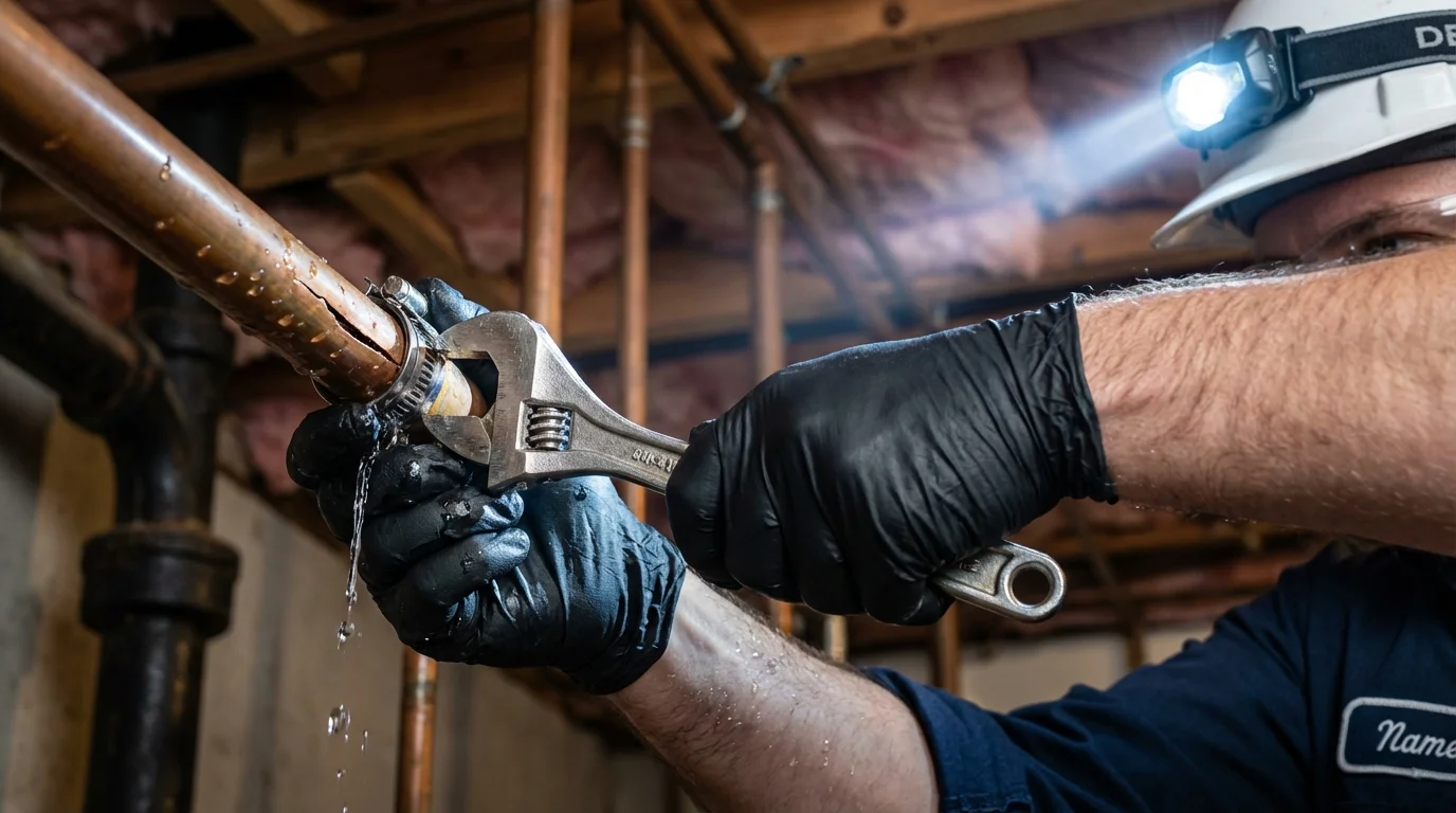 Emergency pipe clamp repair being performed by a Johns Plumbing LLC plumber in Riva