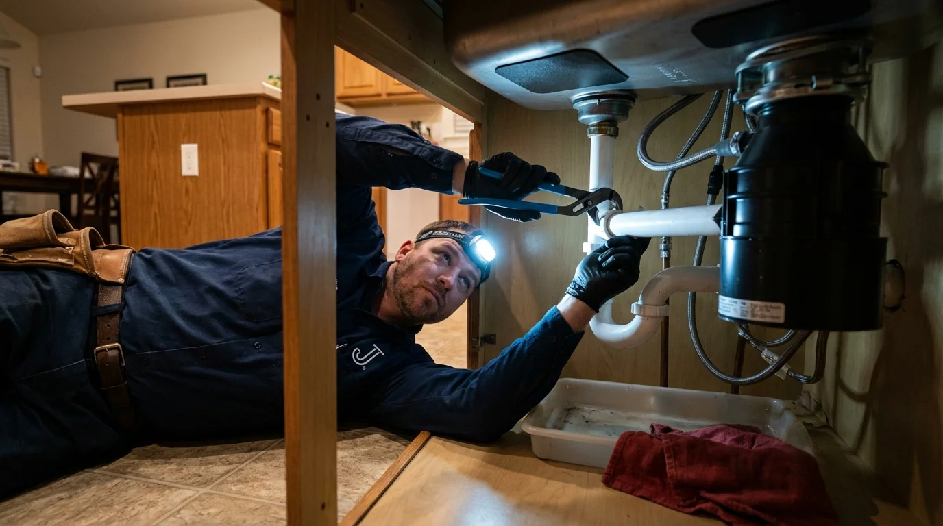 P-trap and supply line connections under a kitchen sink showing a common leak point in Riva, MD